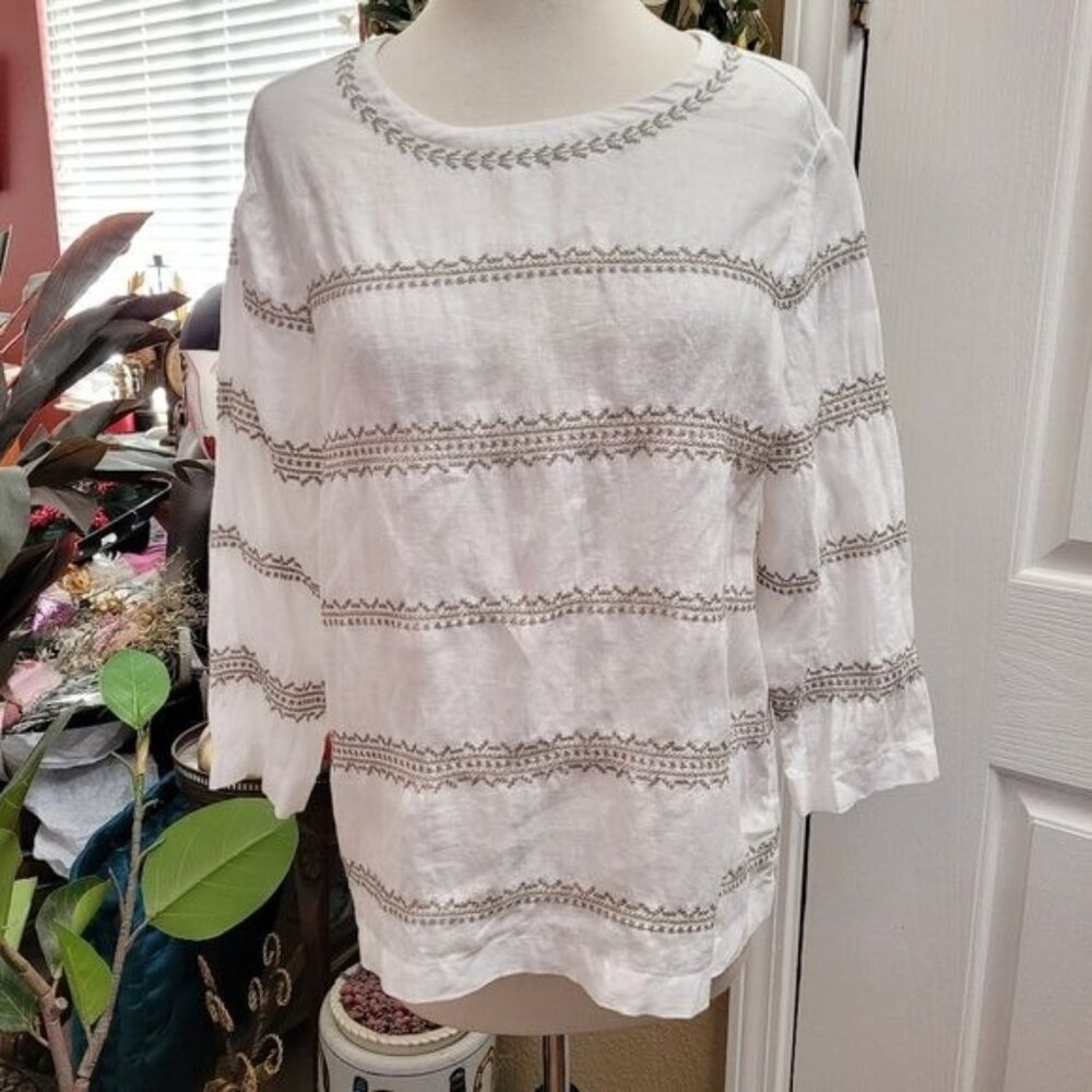 j Jill Love Linen Embroidered Top Size Small Petite White Gray Beige SP